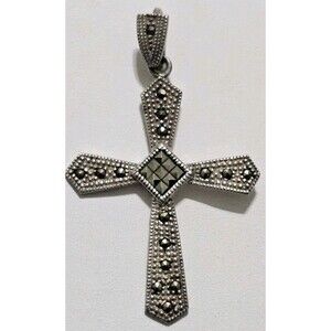 Vintage 925 Sterling Silver Marcasite Cross Pendant, Religious Jewelry, Silver